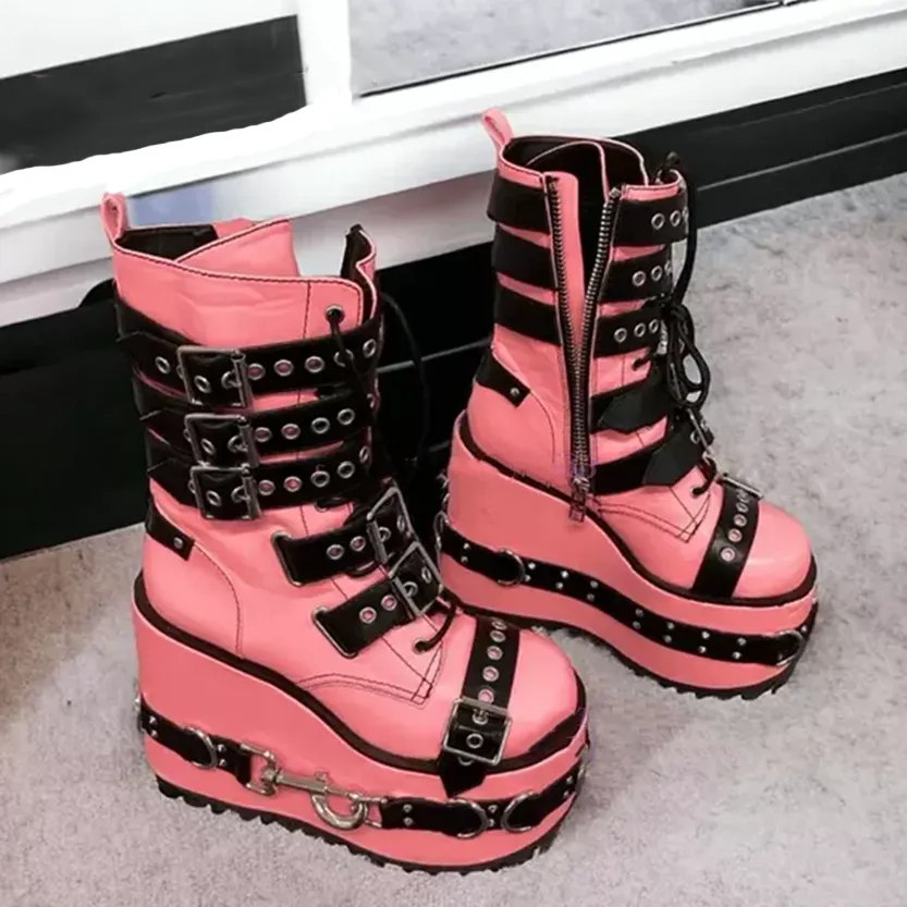 Funki Buys | Boots | Women's Pink Platform Belt Buckle Boots