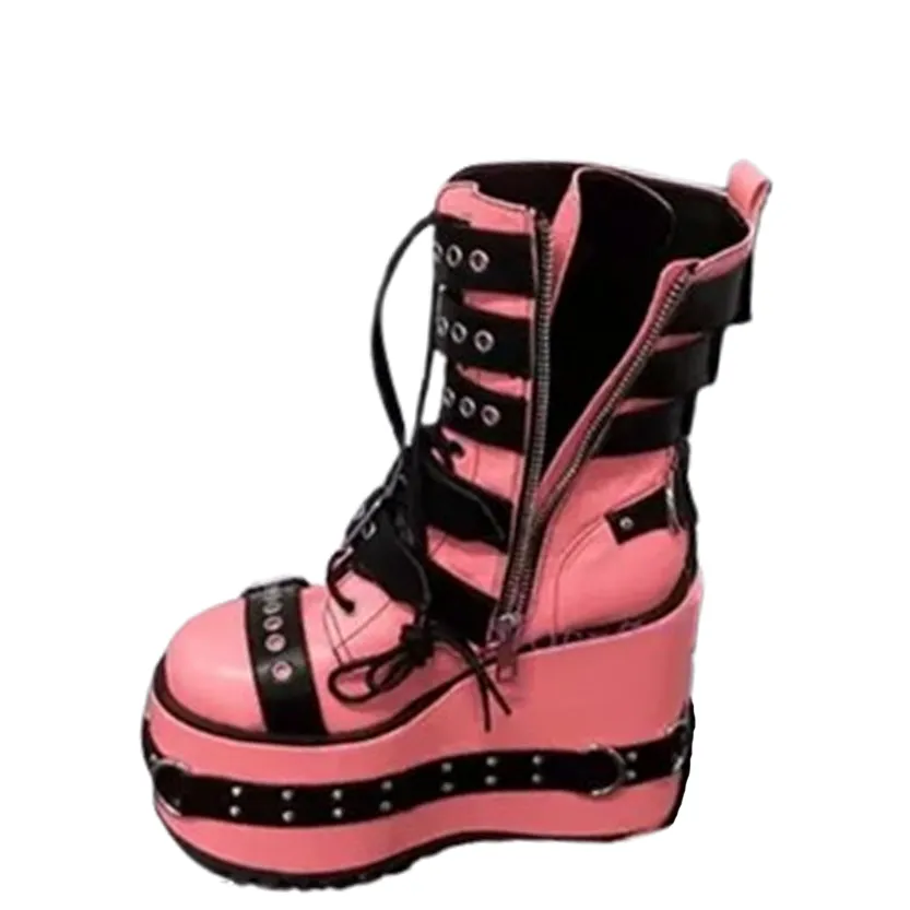 Funki Buys | Boots | Women's Pink Platform Belt Buckle Boots