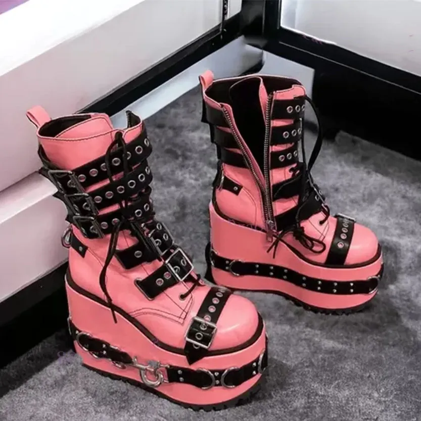 Funki Buys | Boots | Women's Pink Platform Belt Buckle Boots