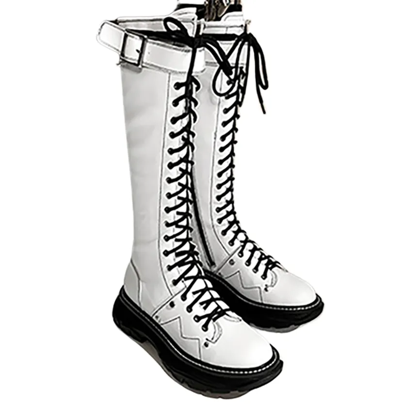 Funki Buys | Boots | Women's White Knee High Lace Up Boots