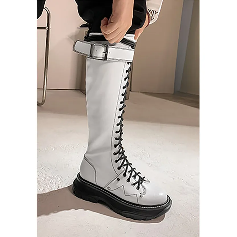 Funki Buys | Boots | Women's White Knee High Lace Up Boots