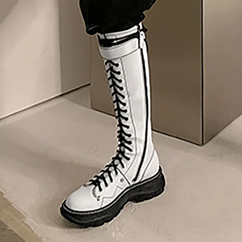 Funki Buys | Boots | Women's White Knee High Lace Up Boots