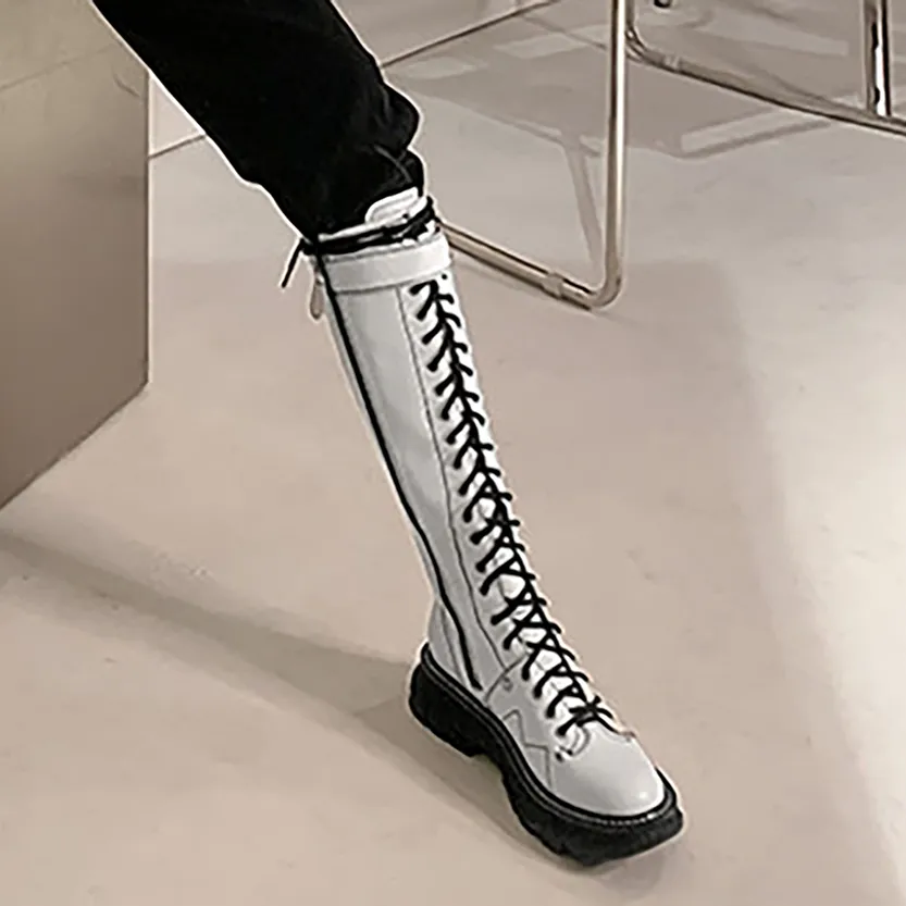 Funki Buys | Boots | Women's White Knee High Lace Up Boots