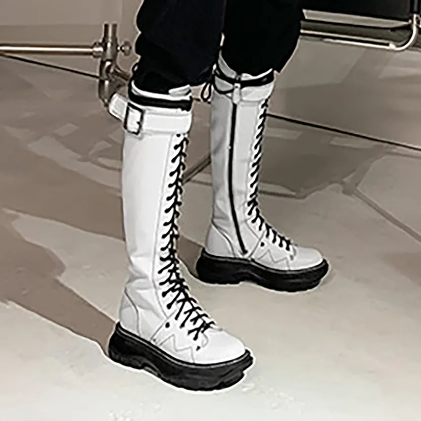 Funki Buys | Boots | Women's White Knee High Lace Up Boots