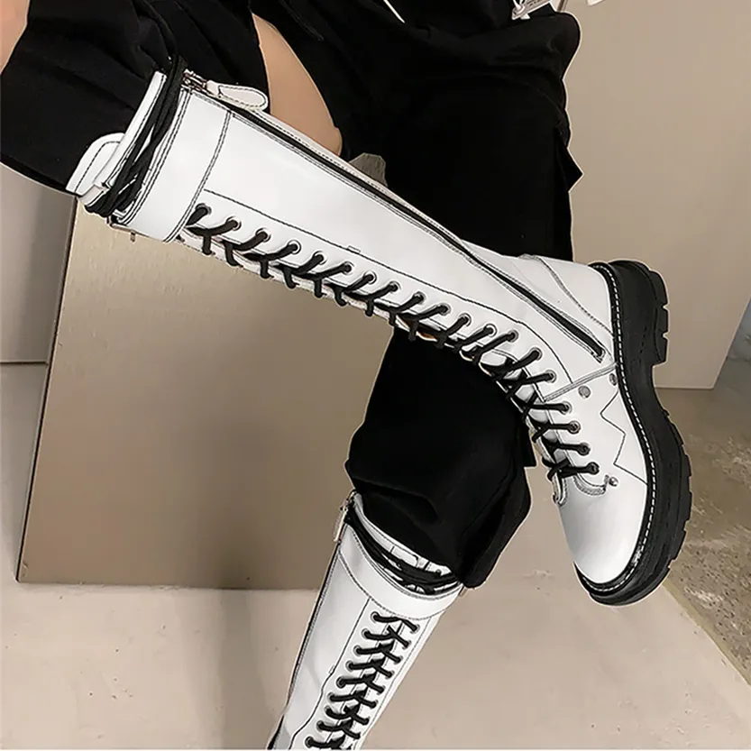 Funki Buys | Boots | Women's White Knee High Lace Up Boots