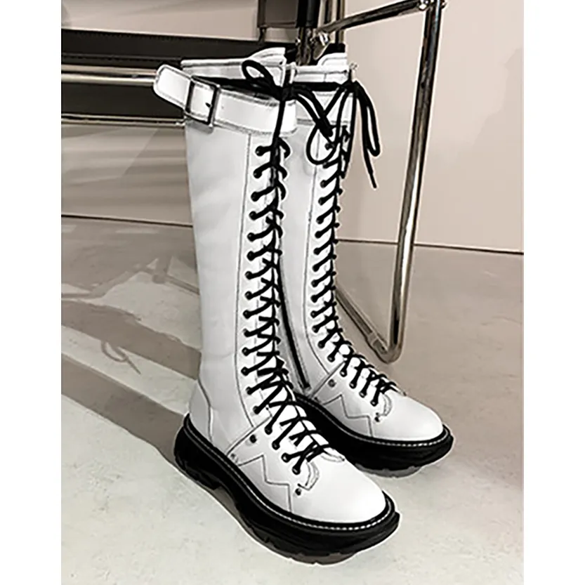 Funki Buys | Boots | Women's White Knee High Lace Up Boots