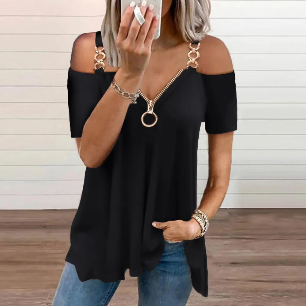Funki Buys | Shirts | Women's Solid Black Buckle Zipper Shirt