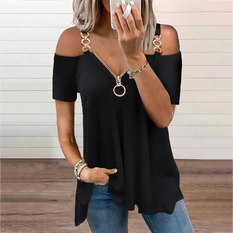 Funki Buys | Shirts | Women's Solid Black Buckle Zipper Shirt
