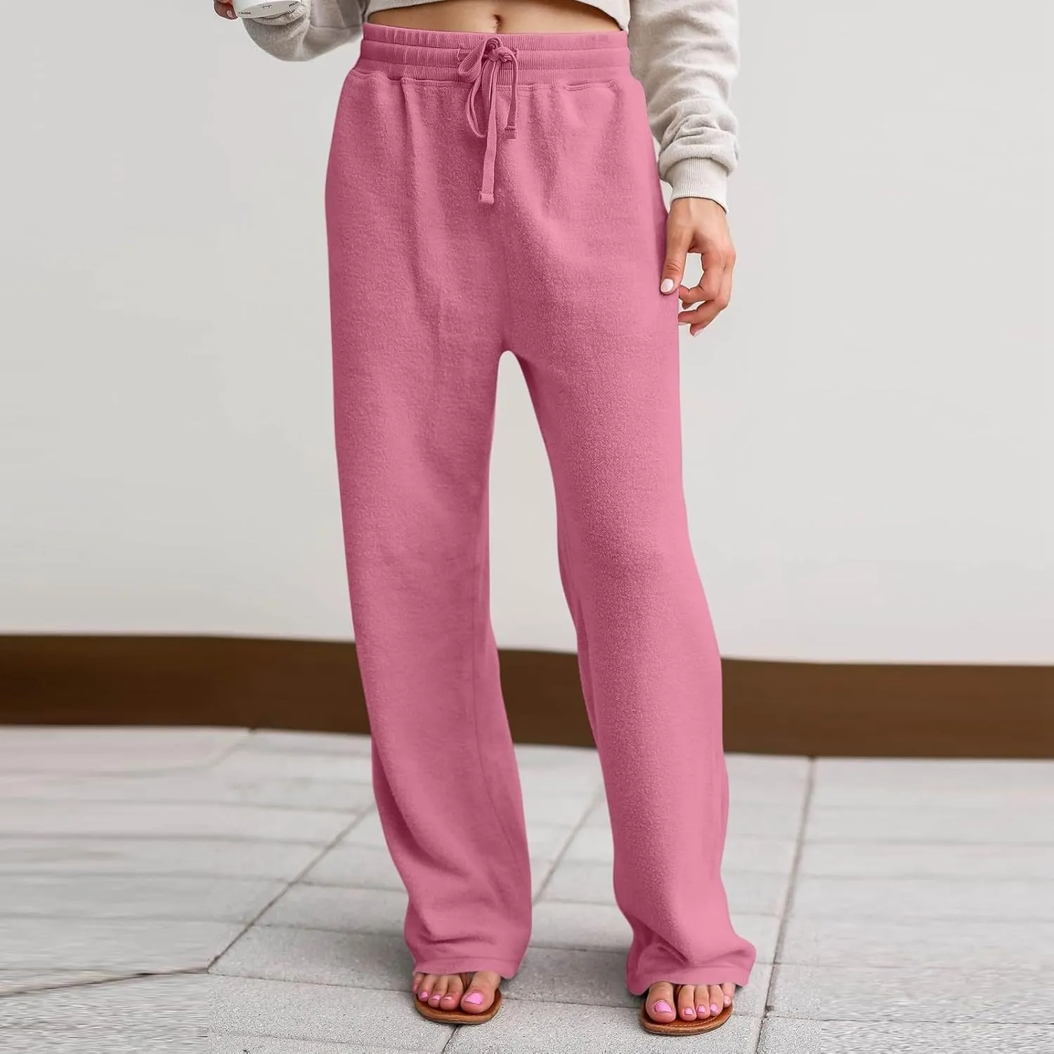 Fuzzy Pajama Pants Women Drawstring Elastic Waist Wide Leg Lounge Pants Comfy Baggy Low Rise Sweatpants with Pockets