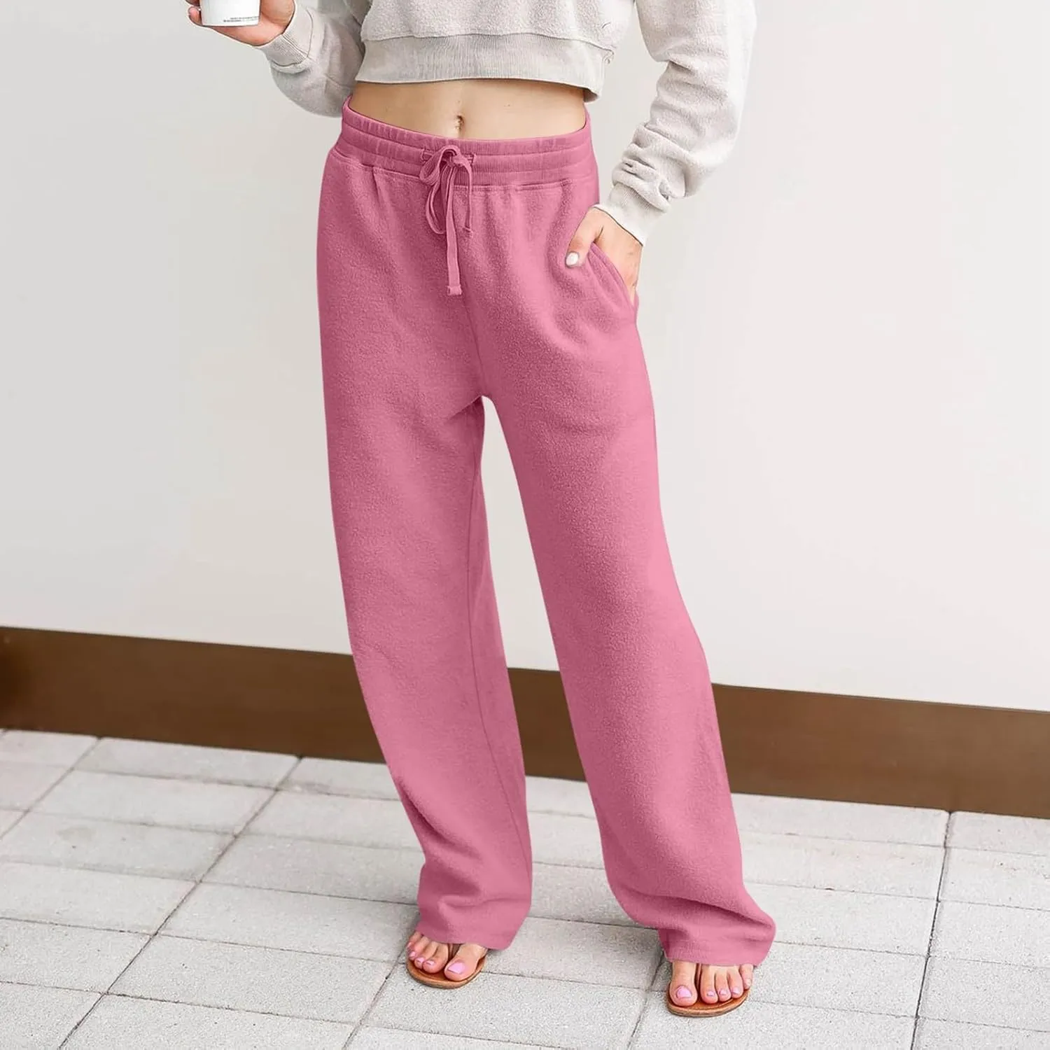 Fuzzy Pajama Pants Women Drawstring Elastic Waist Wide Leg Lounge Pants Comfy Baggy Low Rise Sweatpants with Pockets
