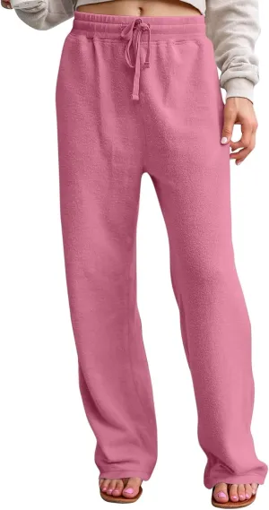 Fuzzy Pajama Pants Women Drawstring Elastic Waist Wide Leg Lounge Pants Comfy Baggy Low Rise Sweatpants with Pockets