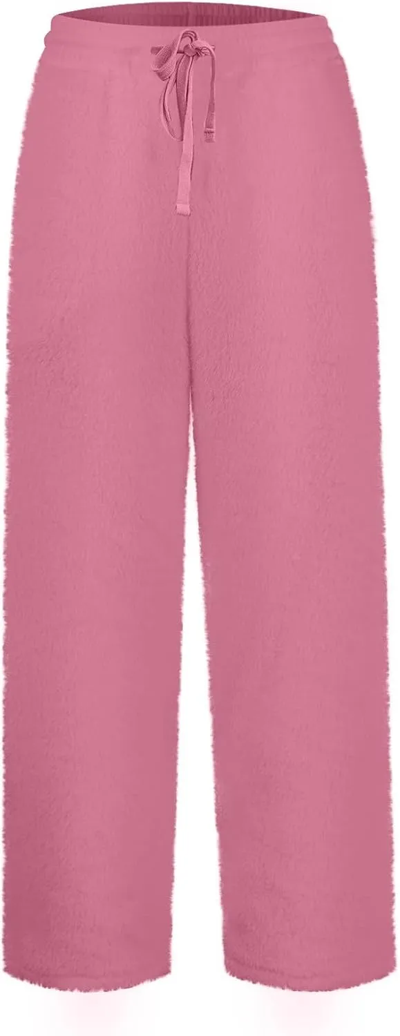 Fuzzy Pajama Pants Women Drawstring Elastic Waist Wide Leg Lounge Pants Comfy Baggy Low Rise Sweatpants with Pockets