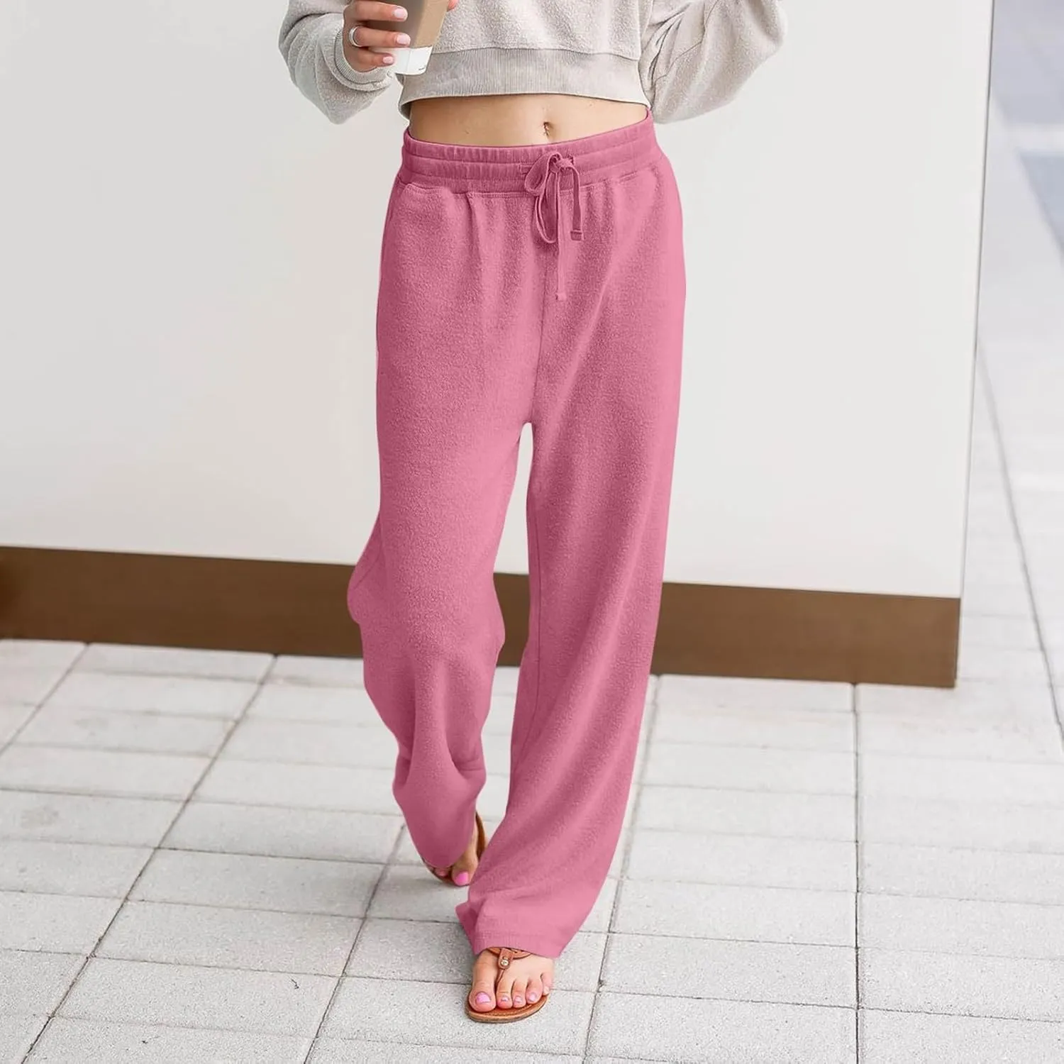 Fuzzy Pajama Pants Women Drawstring Elastic Waist Wide Leg Lounge Pants Comfy Baggy Low Rise Sweatpants with Pockets