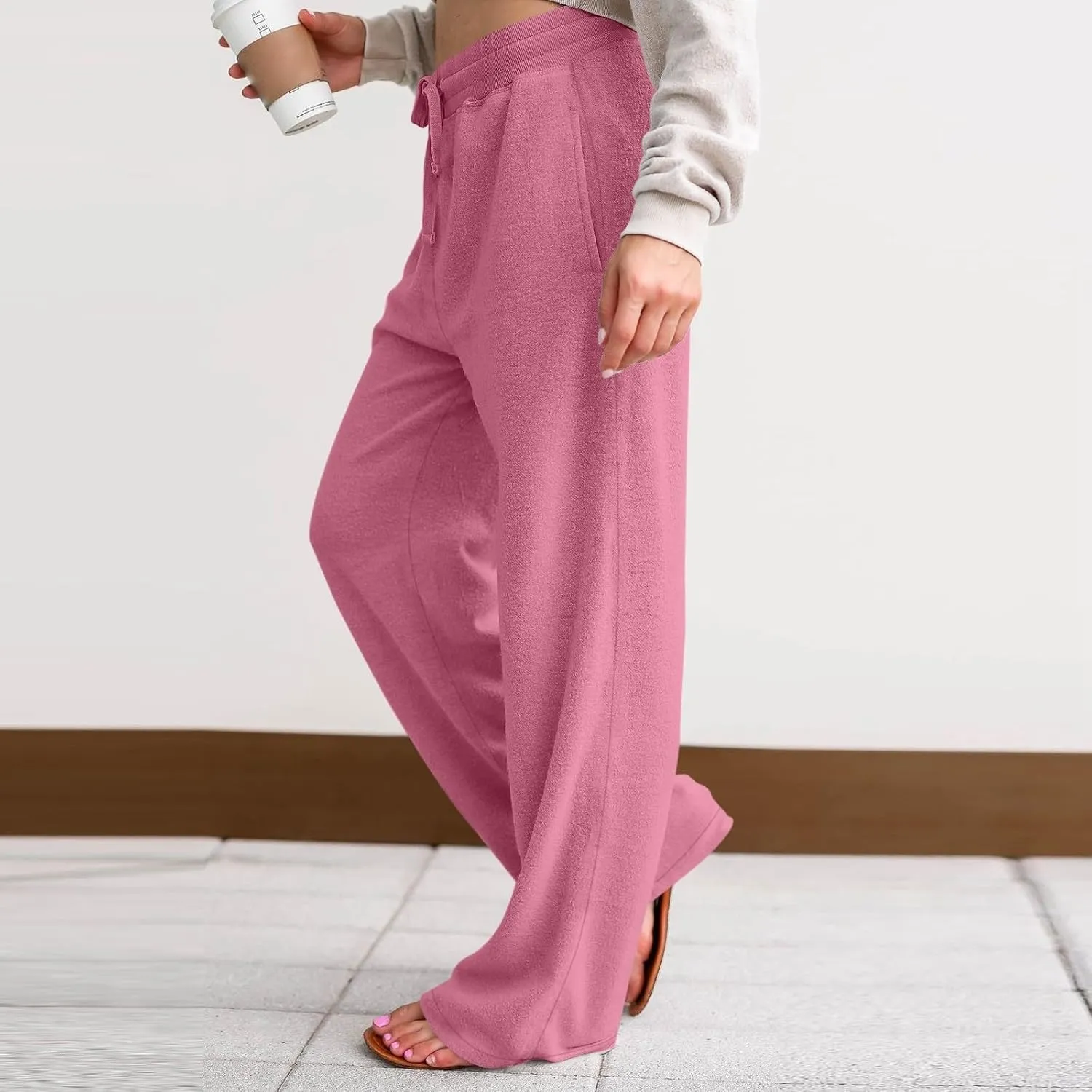 Fuzzy Pajama Pants Women Drawstring Elastic Waist Wide Leg Lounge Pants Comfy Baggy Low Rise Sweatpants with Pockets