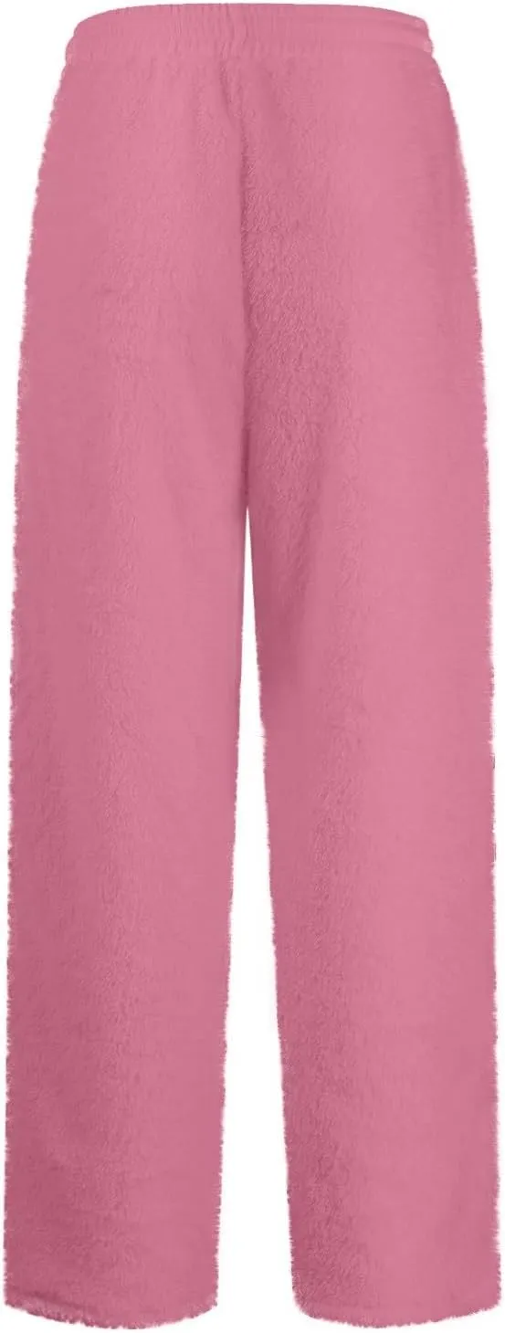 Fuzzy Pajama Pants Women Drawstring Elastic Waist Wide Leg Lounge Pants Comfy Baggy Low Rise Sweatpants with Pockets