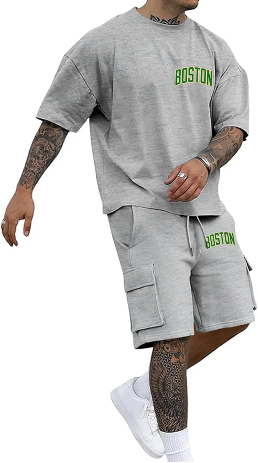 Fxbar Men's Casual 2 Piece Outfits Summer Cargo Tracksuit Crew Neck Short Sleeve T Shirts and Shorts Set Jogging Set
