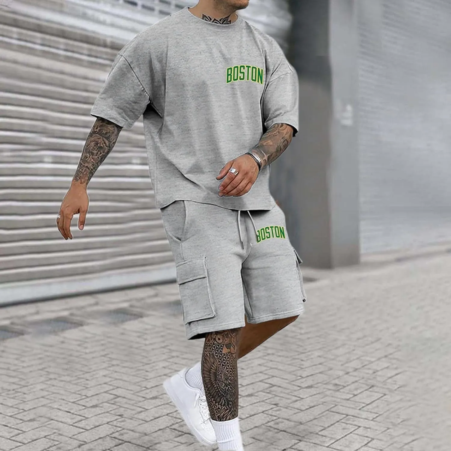 Fxbar Men's Casual 2 Piece Outfits Summer Cargo Tracksuit Crew Neck Short Sleeve T Shirts and Shorts Set Jogging Set