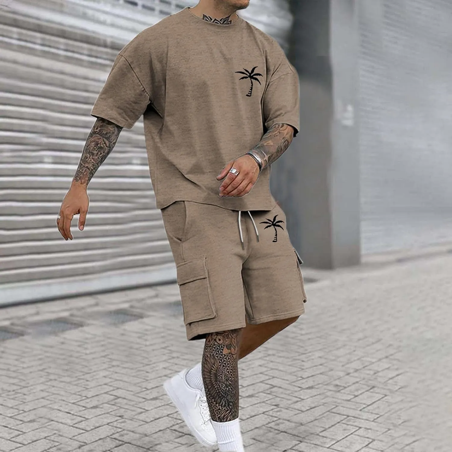 Fxbar Mens Short Sets Outfits Summer Short Sleeve Tee Shirt with Drawsting Cargo Shorts 2 Piece Beach Vacation Clothes