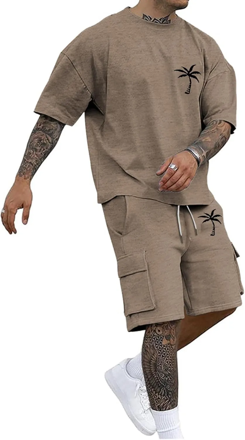 Fxbar Mens Short Sets Outfits Summer Short Sleeve Tee Shirt with Drawsting Cargo Shorts 2 Piece Beach Vacation Clothes