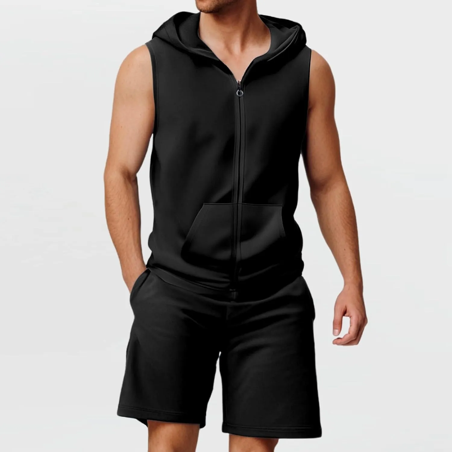 Fxbar Men's Short Sleeve Summer Tracksuit Hooded Tanks Tops Sweatsuit 2 Piece Outfits Casual Sports Shorts Set