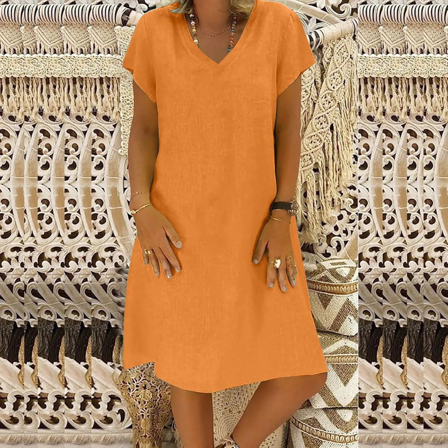 FZYLQY Womens Slim Dresses 2024 Ladies Summer Solid Cotton Linen Dress Short Sleeve V-Neck Dress Plus Size Mid-Calf Dress
