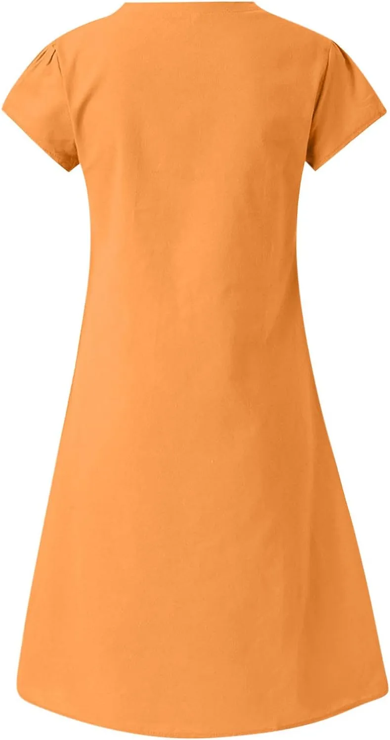 FZYLQY Womens Slim Dresses 2024 Ladies Summer Solid Cotton Linen Dress Short Sleeve V-Neck Dress Plus Size Mid-Calf Dress