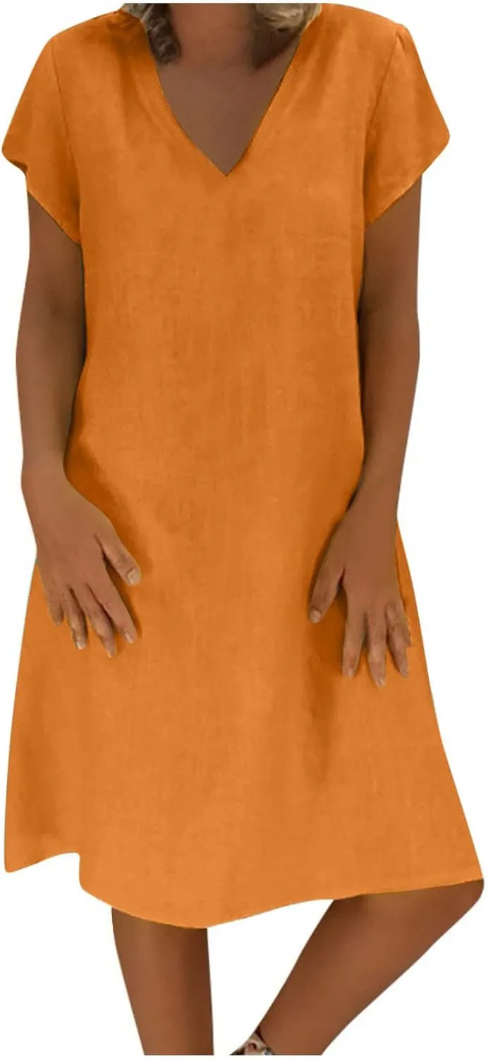FZYLQY Womens Slim Dresses 2024 Ladies Summer Solid Cotton Linen Dress Short Sleeve V-Neck Dress Plus Size Mid-Calf Dress