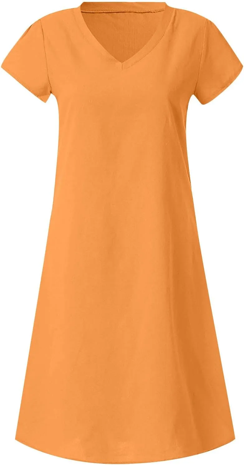 FZYLQY Womens Slim Dresses 2024 Ladies Summer Solid Cotton Linen Dress Short Sleeve V-Neck Dress Plus Size Mid-Calf Dress