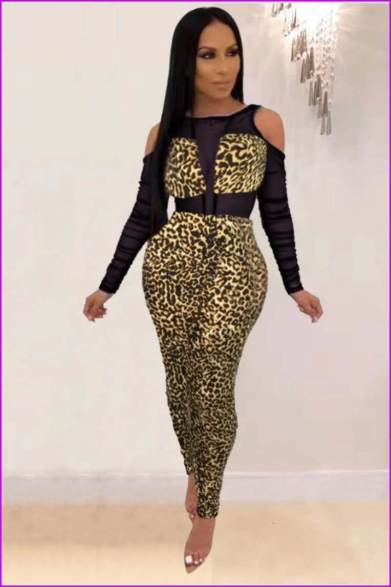 Gauze Patchwork Leopard Print Long Sleeve JumpsuitDE972