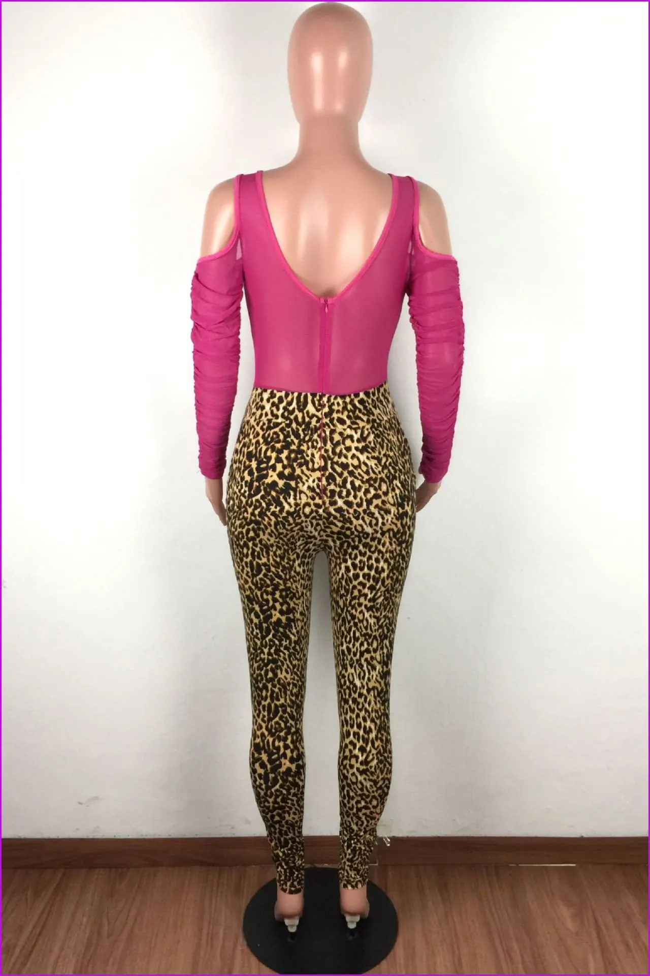 Gauze Patchwork Leopard Print Long Sleeve JumpsuitDE972