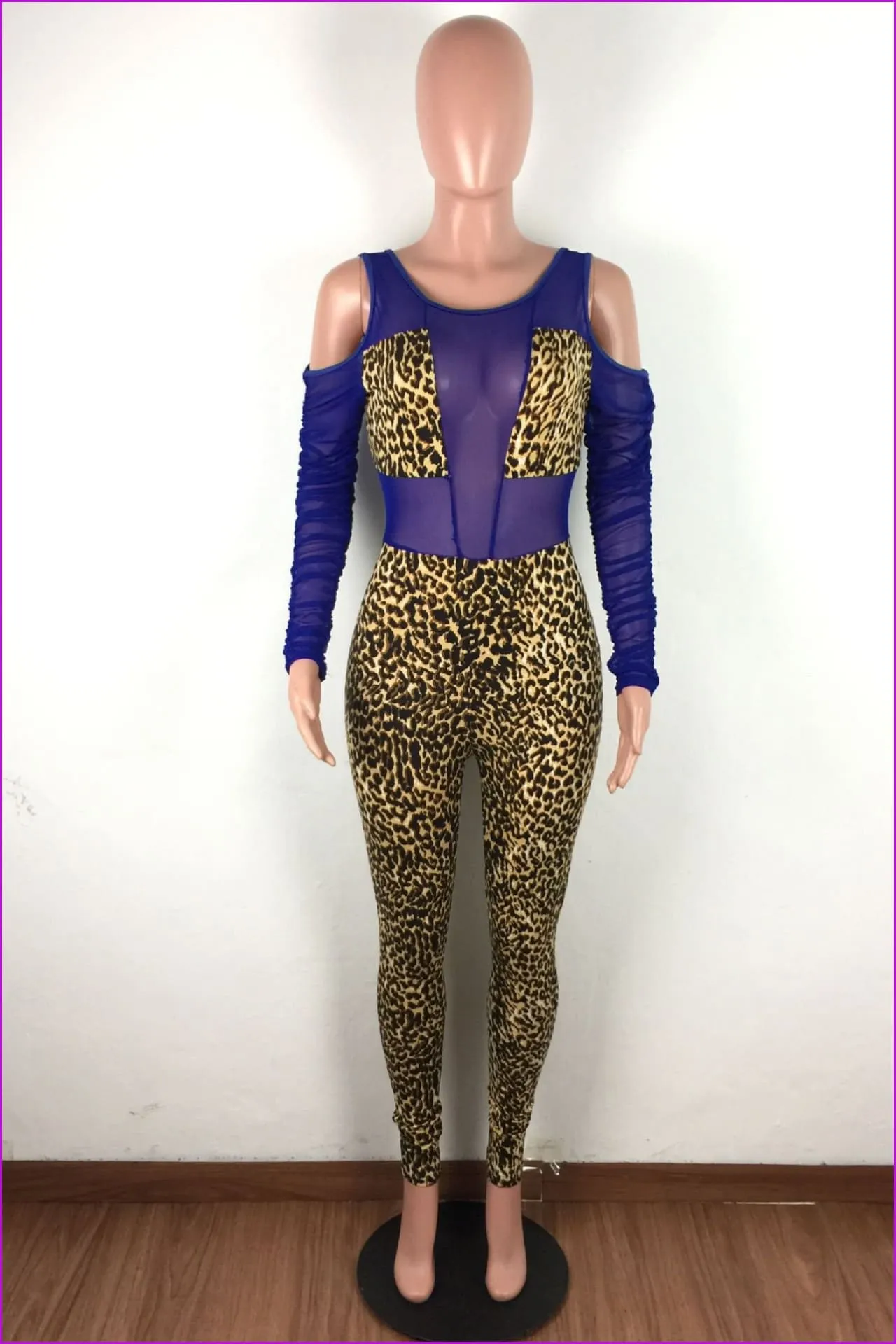 Gauze Patchwork Leopard Print Long Sleeve JumpsuitDE972