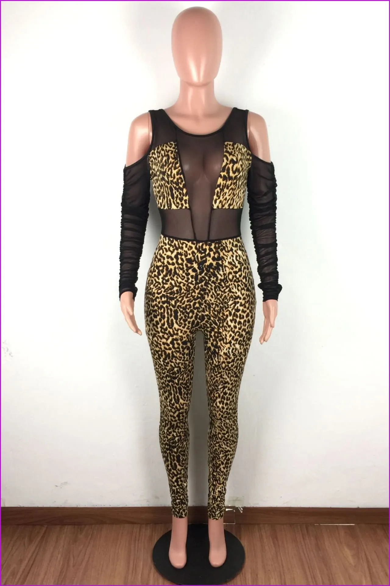 Gauze Patchwork Leopard Print Long Sleeve JumpsuitDE972