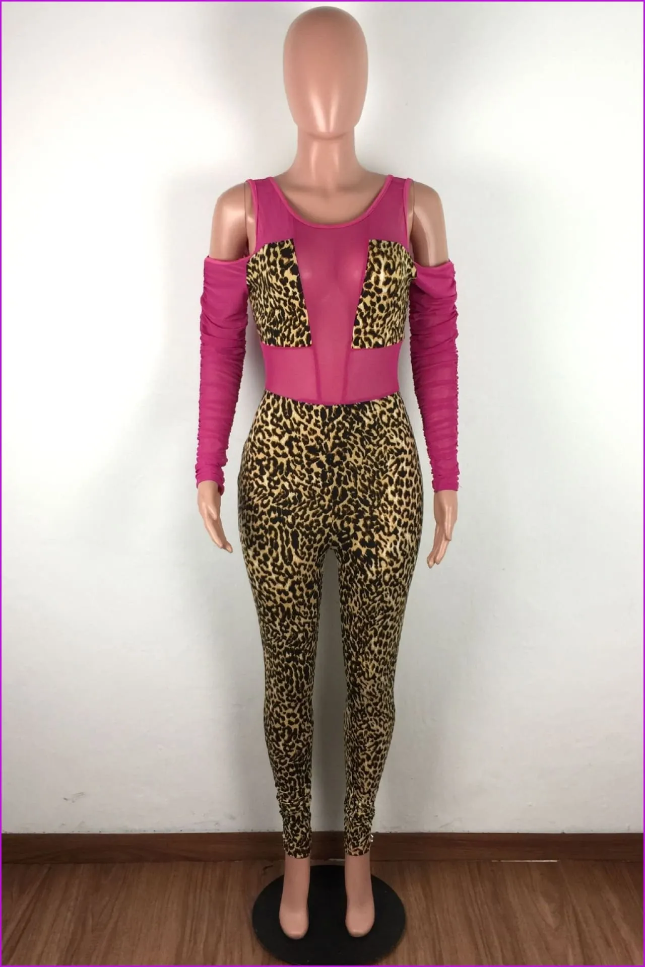 Gauze Patchwork Leopard Print Long Sleeve JumpsuitDE972