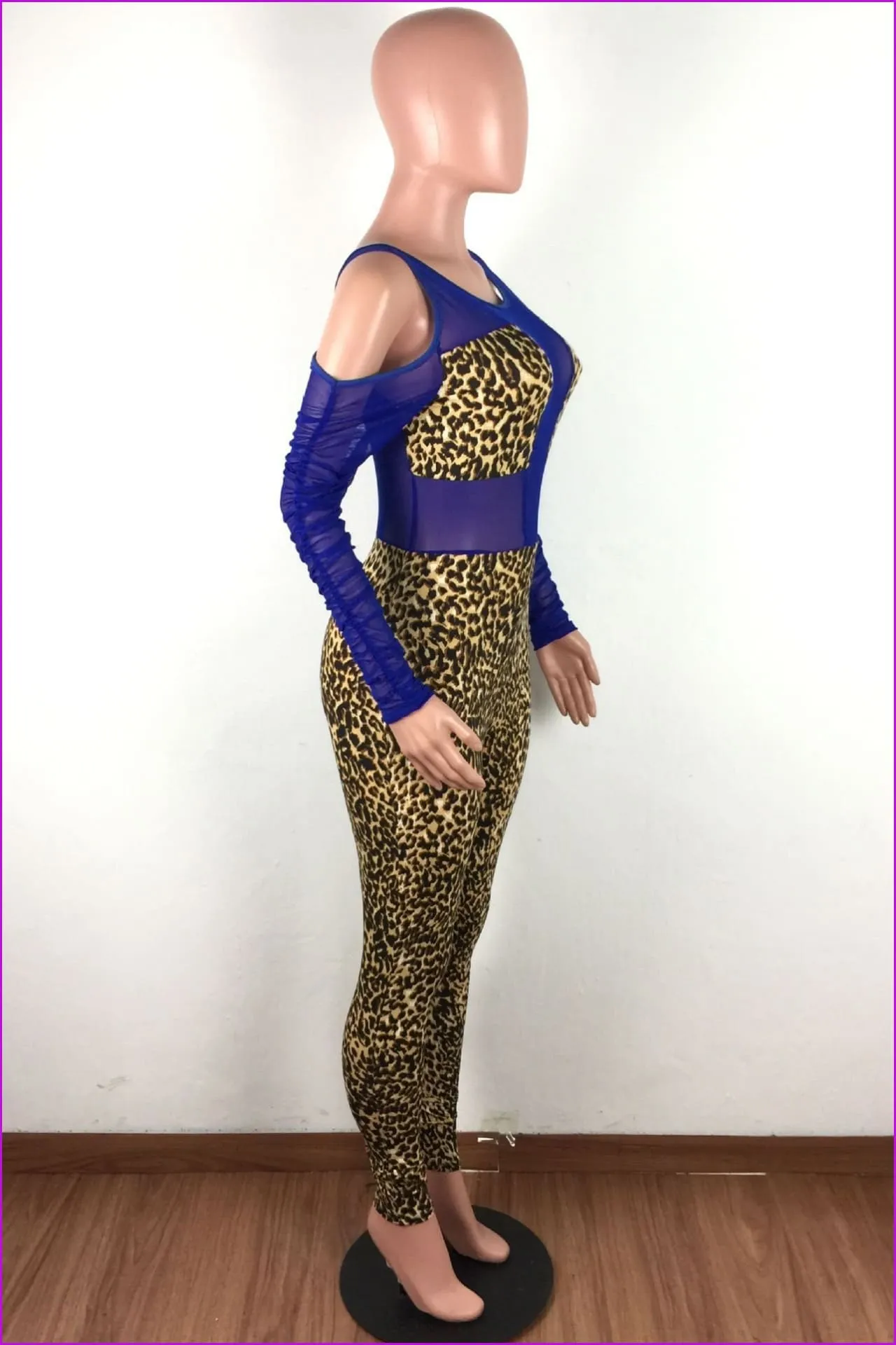 Gauze Patchwork Leopard Print Long Sleeve JumpsuitDE972