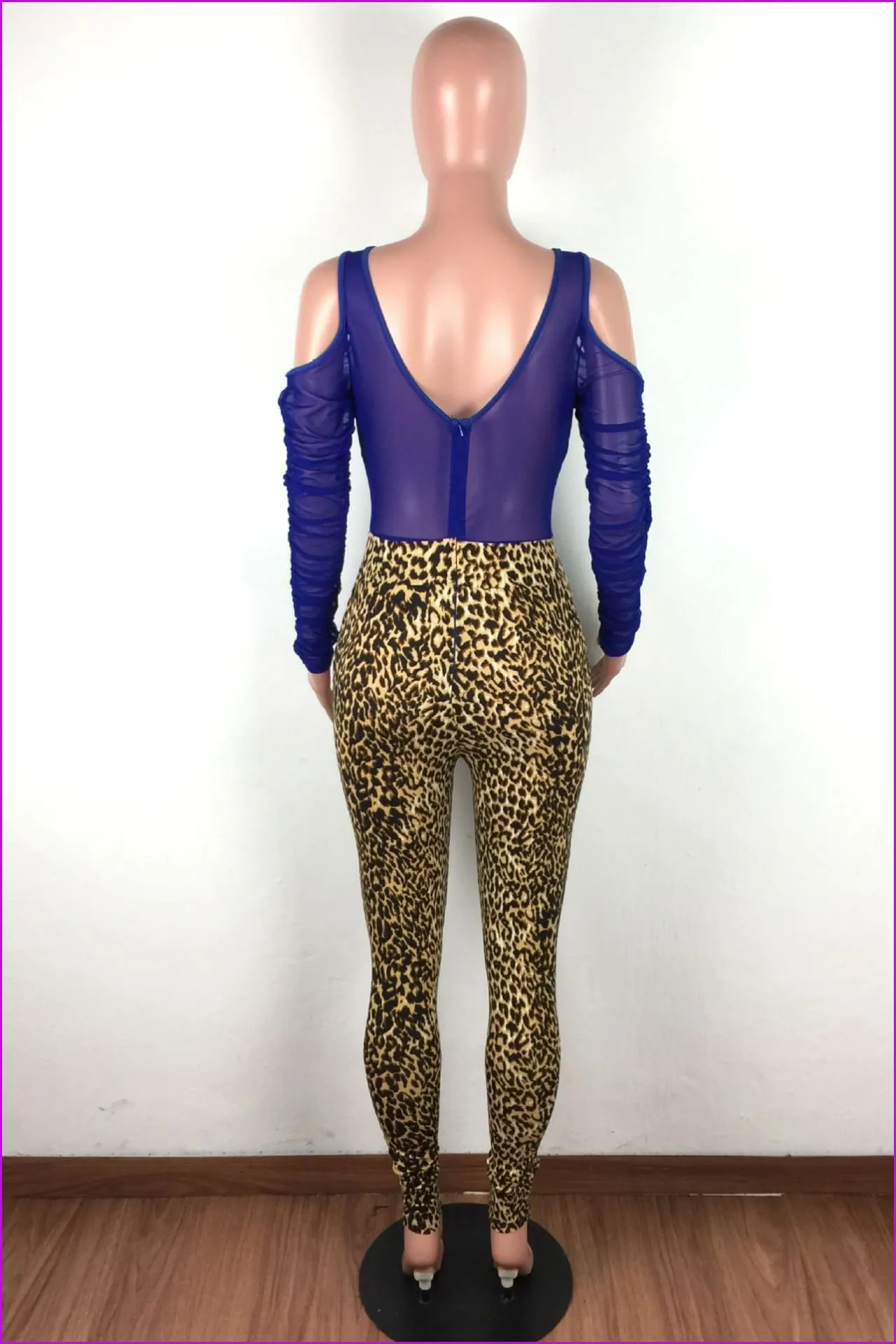 Gauze Patchwork Leopard Print Long Sleeve JumpsuitDE972