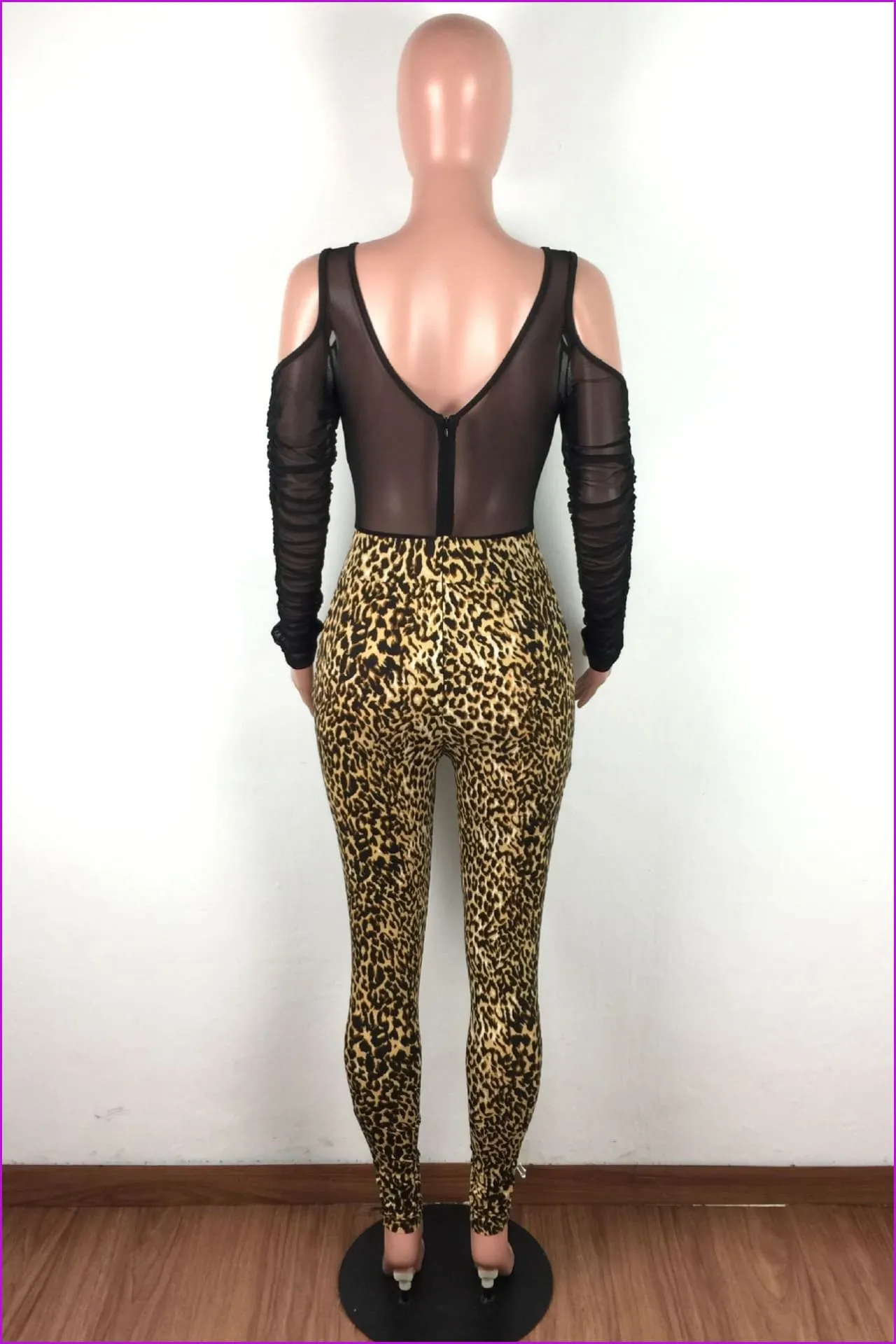 Gauze Patchwork Leopard Print Long Sleeve JumpsuitDE972