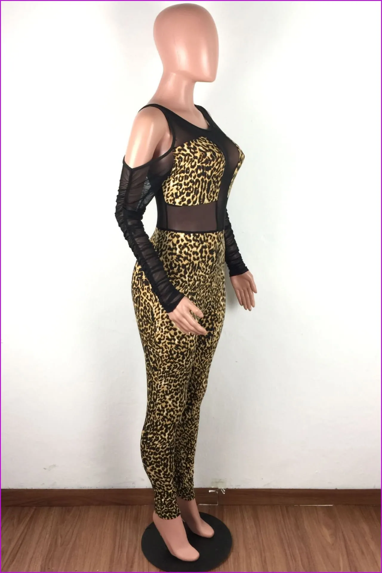 Gauze Patchwork Leopard Print Long Sleeve JumpsuitDE972