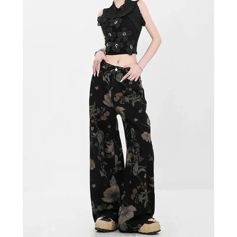 Girlary Women's Black Gothic Y2k Flower Print Jeans Baggy 90s Denim Trousers Vintage Emo Jean Pants Japanese 2000s Style Trashy Clothes