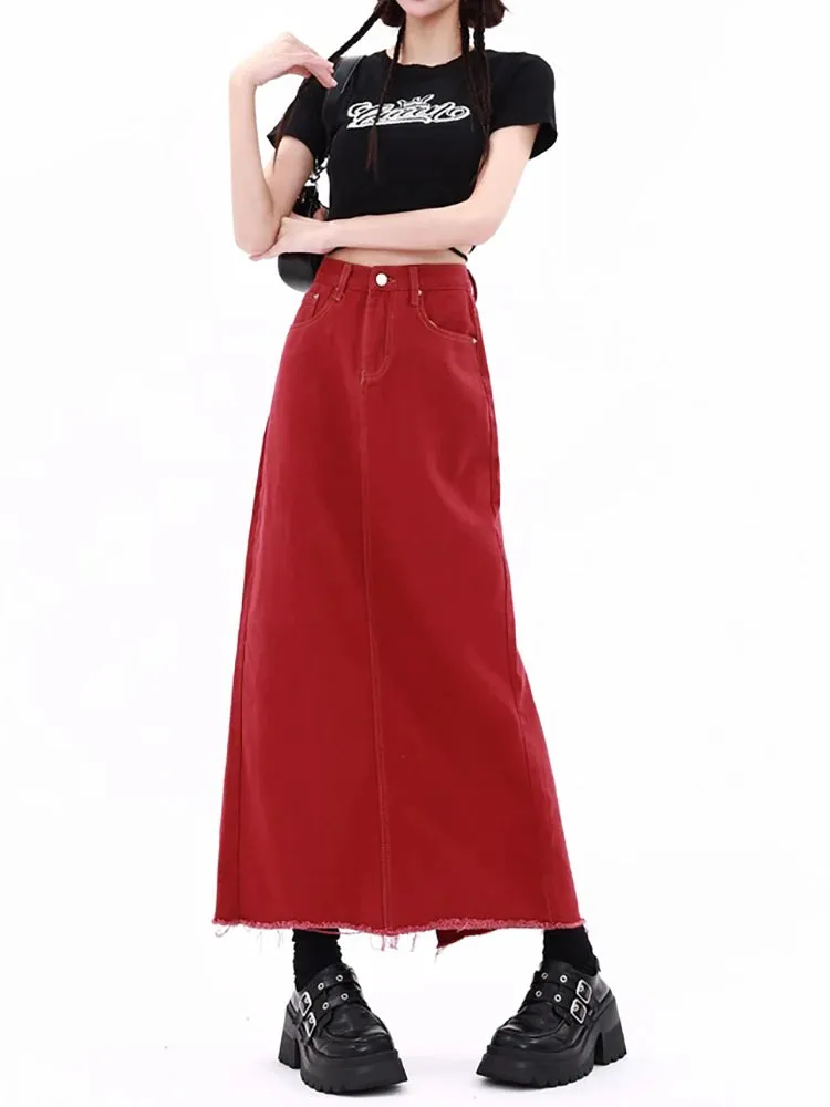 Girlary Women's Red Gothic A-line Denim Skirt with Slit Vintage Y2k Long Cowboy Skirts Harajuku Korean Jean Skirt 2000s Clothes Summer