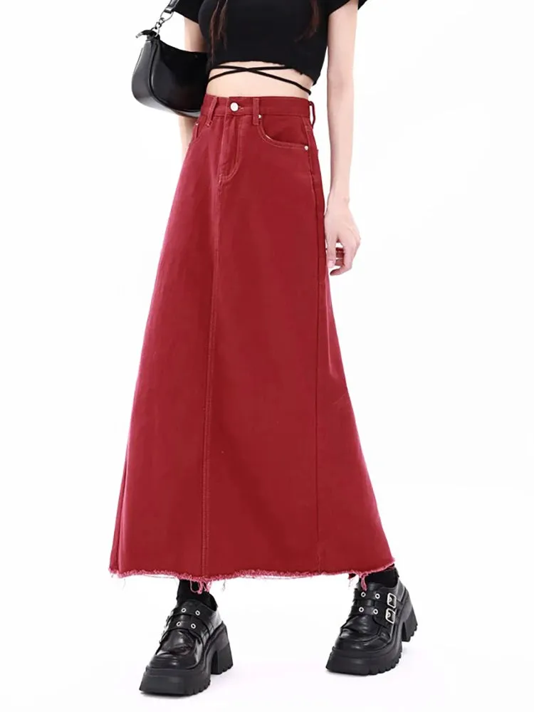 Girlary Women's Red Gothic A-line Denim Skirt with Slit Vintage Y2k Long Cowboy Skirts Harajuku Korean Jean Skirt 2000s Clothes Summer