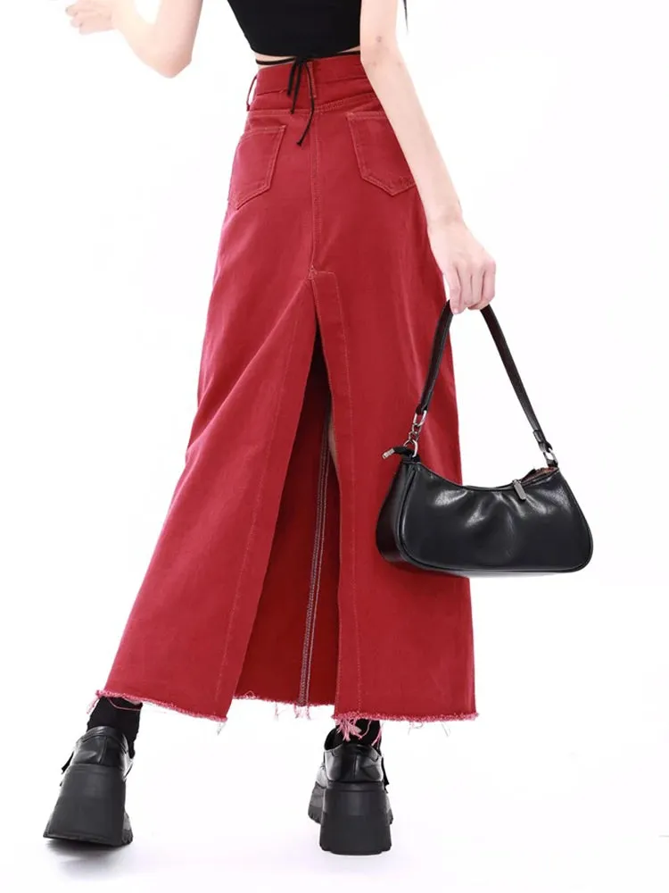 Girlary Women's Red Gothic A-line Denim Skirt with Slit Vintage Y2k Long Cowboy Skirts Harajuku Korean Jean Skirt 2000s Clothes Summer