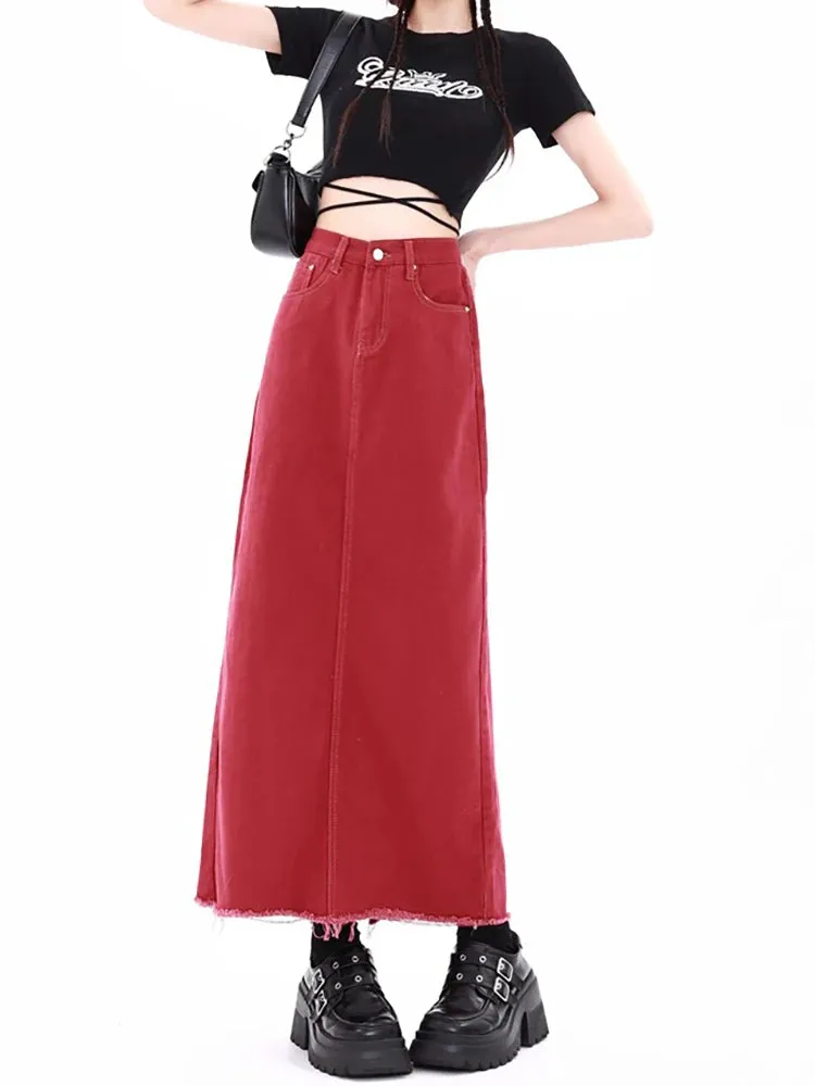 Girlary Women's Red Gothic A-line Denim Skirt with Slit Vintage Y2k Long Cowboy Skirts Harajuku Korean Jean Skirt 2000s Clothes Summer