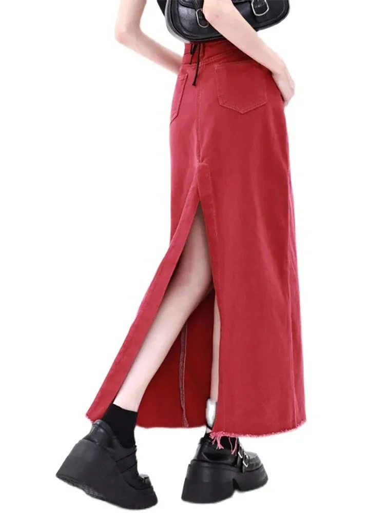 Girlary Women's Red Gothic A-line Denim Skirt with Slit Vintage Y2k Long Cowboy Skirts Harajuku Korean Jean Skirt 2000s Clothes Summer