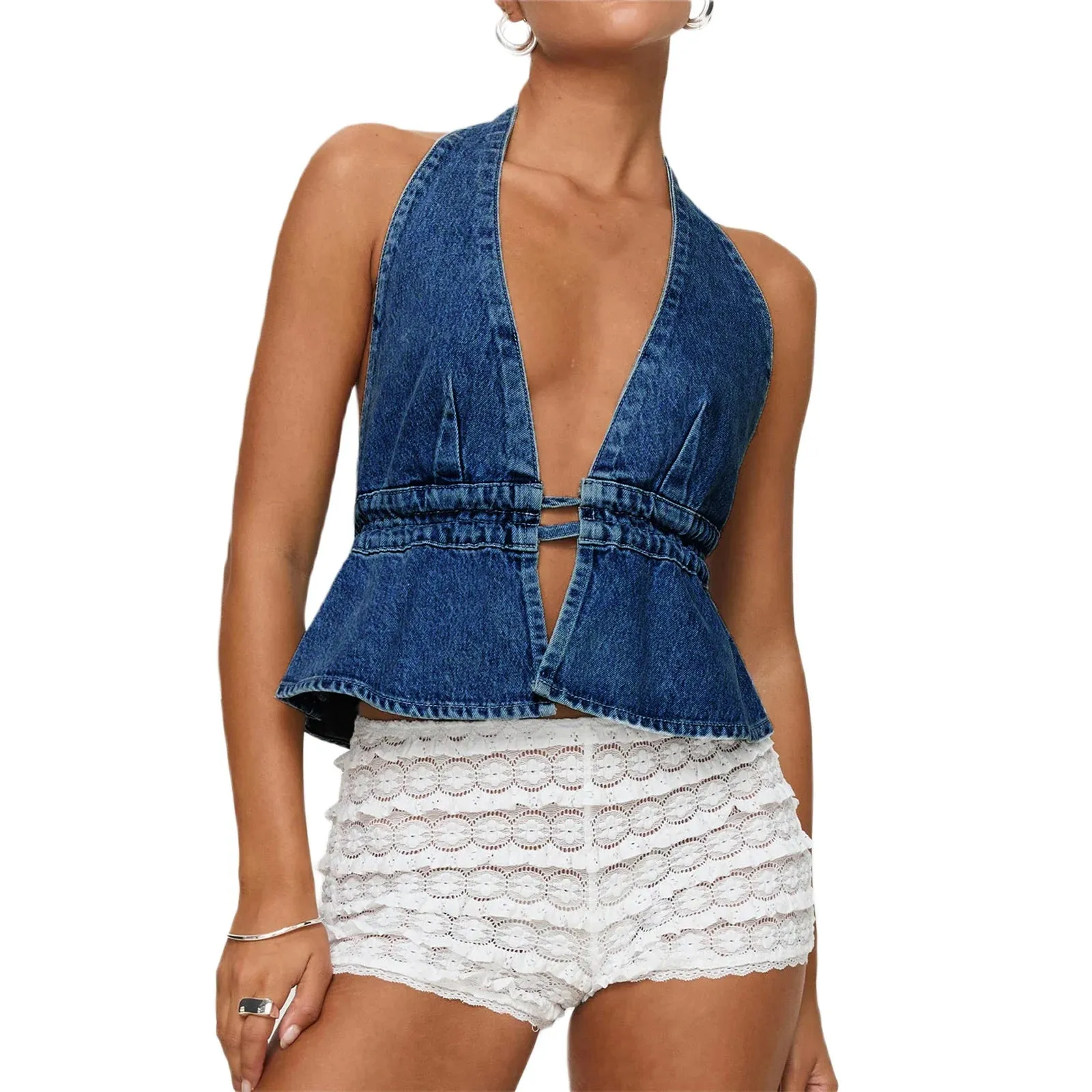 Girlary Women's Y2K Summer Halter Neck Crop Tops Bow Tie-up Sleeveless Deep V-Neck Backless Solid Color Denim Flare Vest