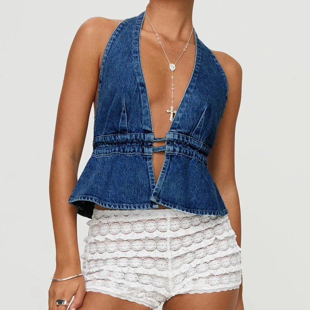 Girlary Women's Y2K Summer Halter Neck Crop Tops Bow Tie-up Sleeveless Deep V-Neck Backless Solid Color Denim Flare Vest