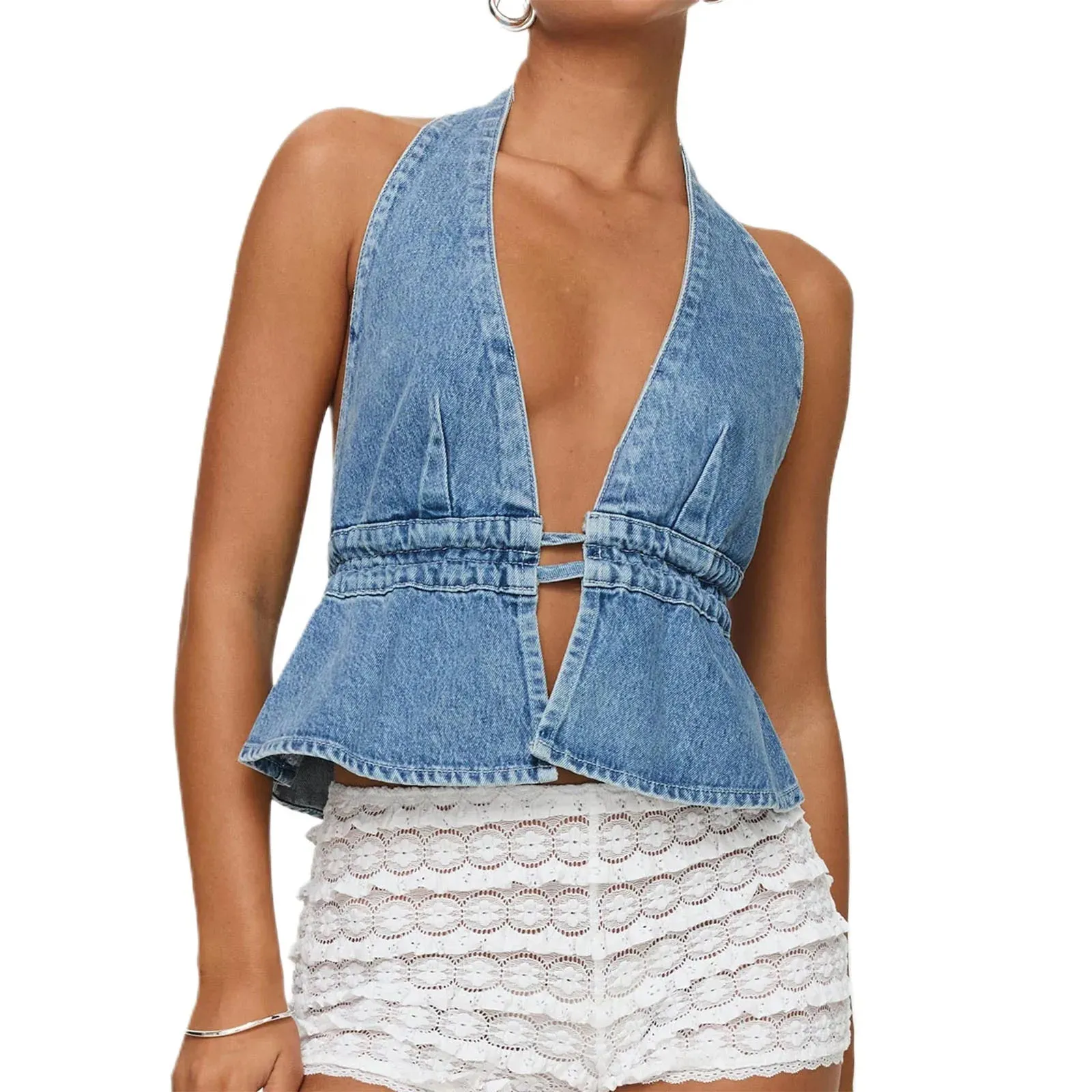 Girlary Women's Y2K Summer Halter Neck Crop Tops Bow Tie-up Sleeveless Deep V-Neck Backless Solid Color Denim Flare Vest