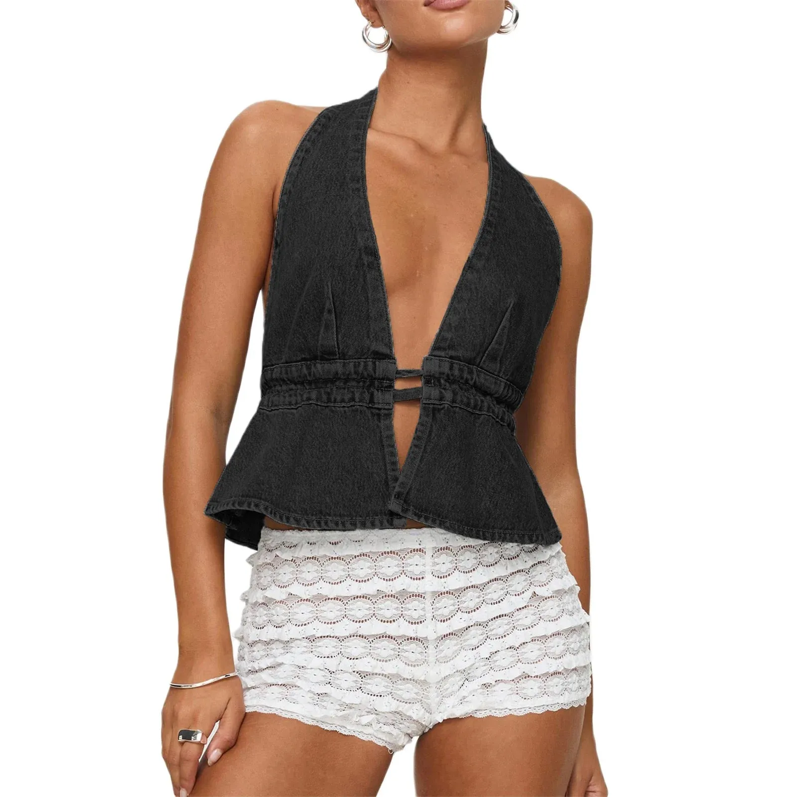 Girlary Women's Y2K Summer Halter Neck Crop Tops Bow Tie-up Sleeveless Deep V-Neck Backless Solid Color Denim Flare Vest