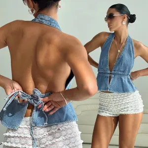 Girlary Women's Y2K Summer Halter Neck Crop Tops Bow Tie-up Sleeveless Deep V-Neck Backless Solid Color Denim Flare Vest