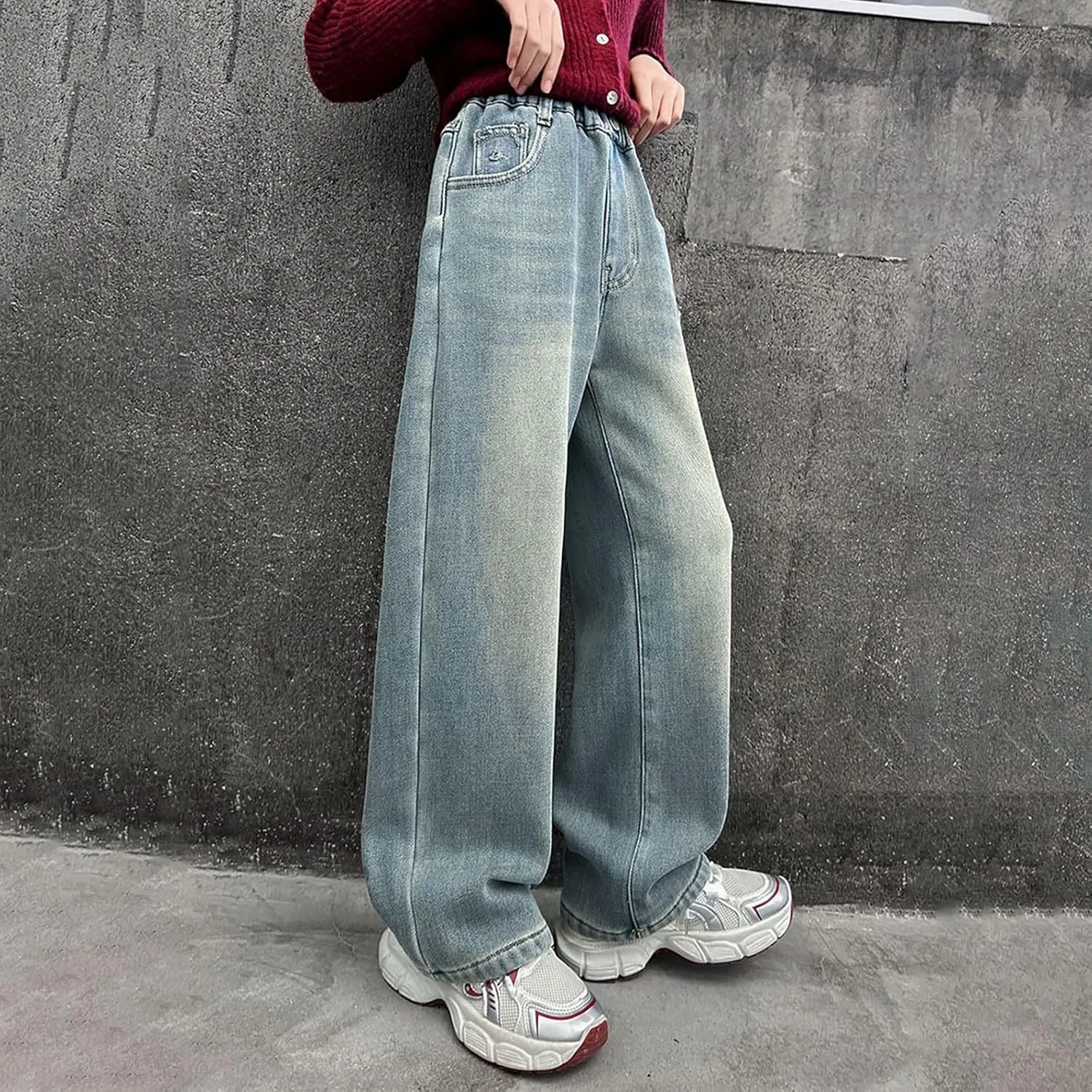 Girls Baggy Jeans Distressed Straight Leg Boyfriend Jeans Teen Girls High Elastic Waist Wide Leg Jeans Kids Denim Pants