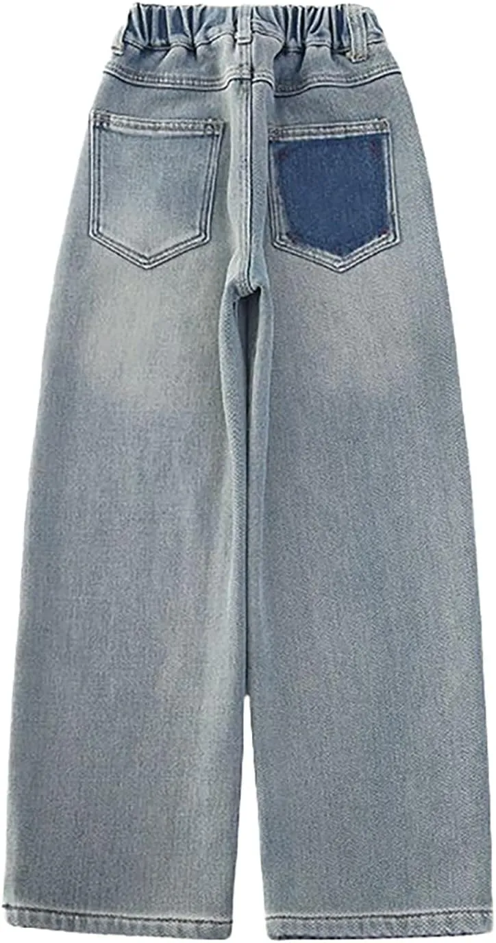 Girls Baggy Jeans Distressed Straight Leg Boyfriend Jeans Teen Girls High Elastic Waist Wide Leg Jeans Kids Denim Pants